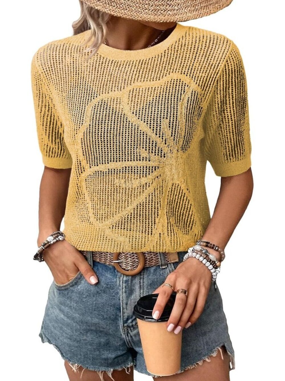Women Yellow Summer Short Hollow Out Floral Sweaters Beach Vacation Cruise Tops